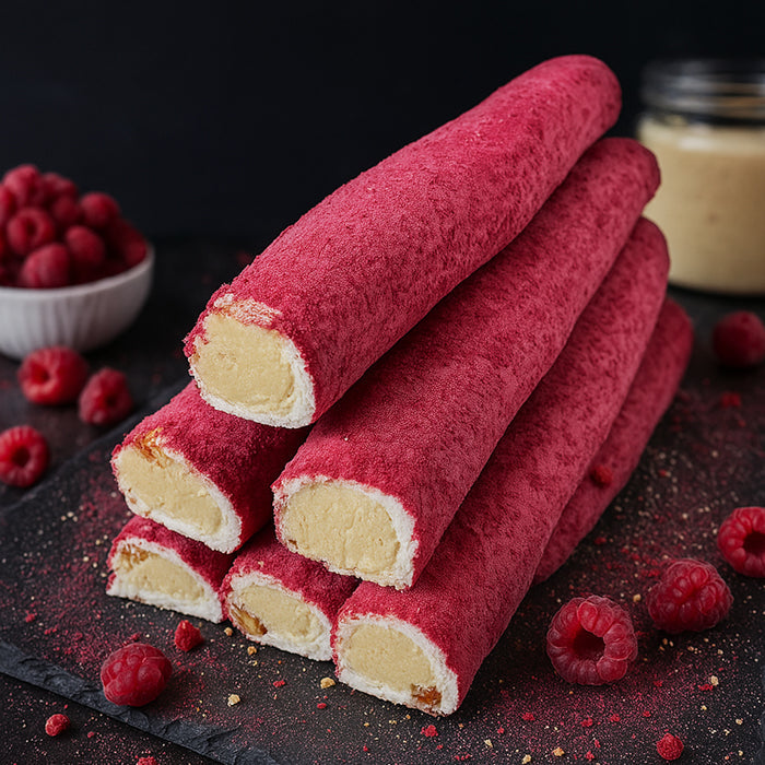 Lukums ar aveņu garšu, balto šokolādi un mandelēm