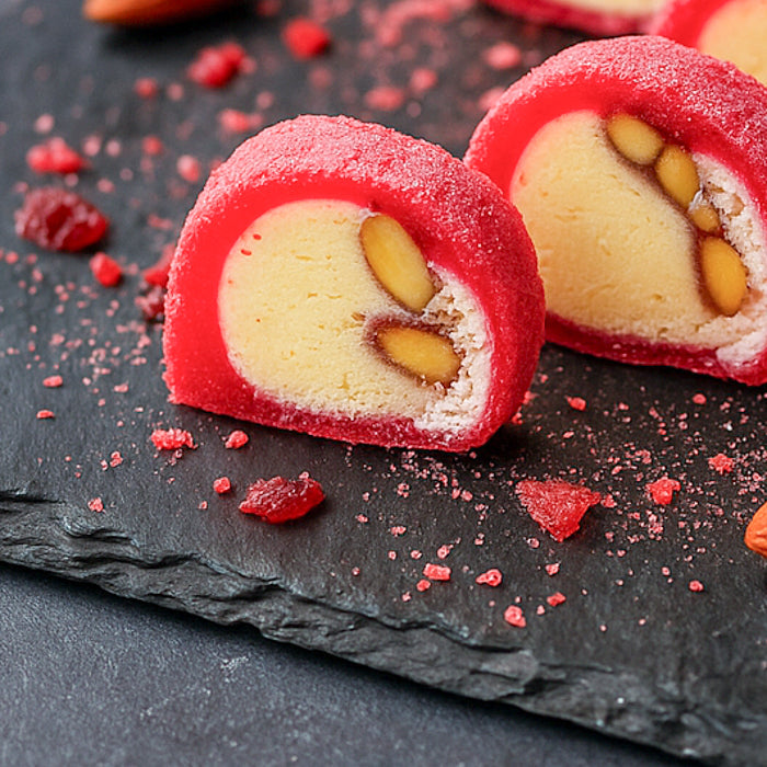 Lukums ar lazdu riekstu kremu, mandelēm un aveņu Pastilu