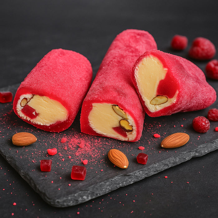 Lukums ar lazdu riekstu kremu, mandelēm un aveņu Pastilu