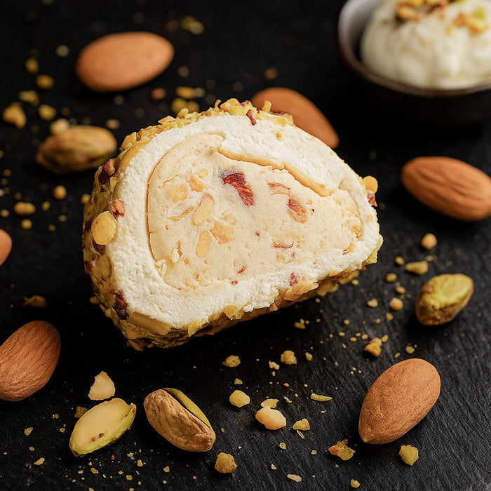 Vaniļas - piena lukums ar pistācijām un mandeļu kremu 